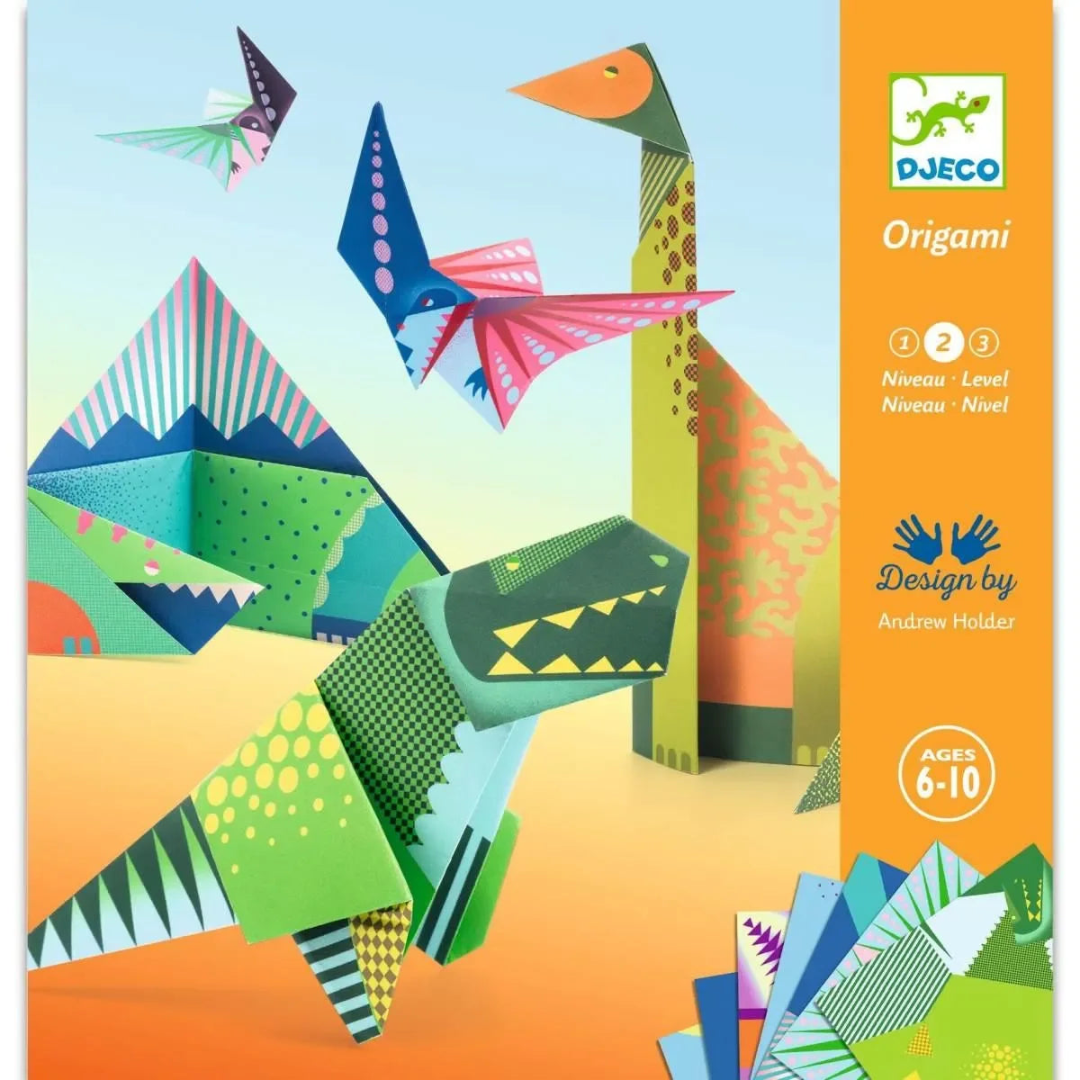 Buntes Origami Bastelset mit Dinosauriern und Faltpapier, geeignet für Kinder ab 6 Jahren.