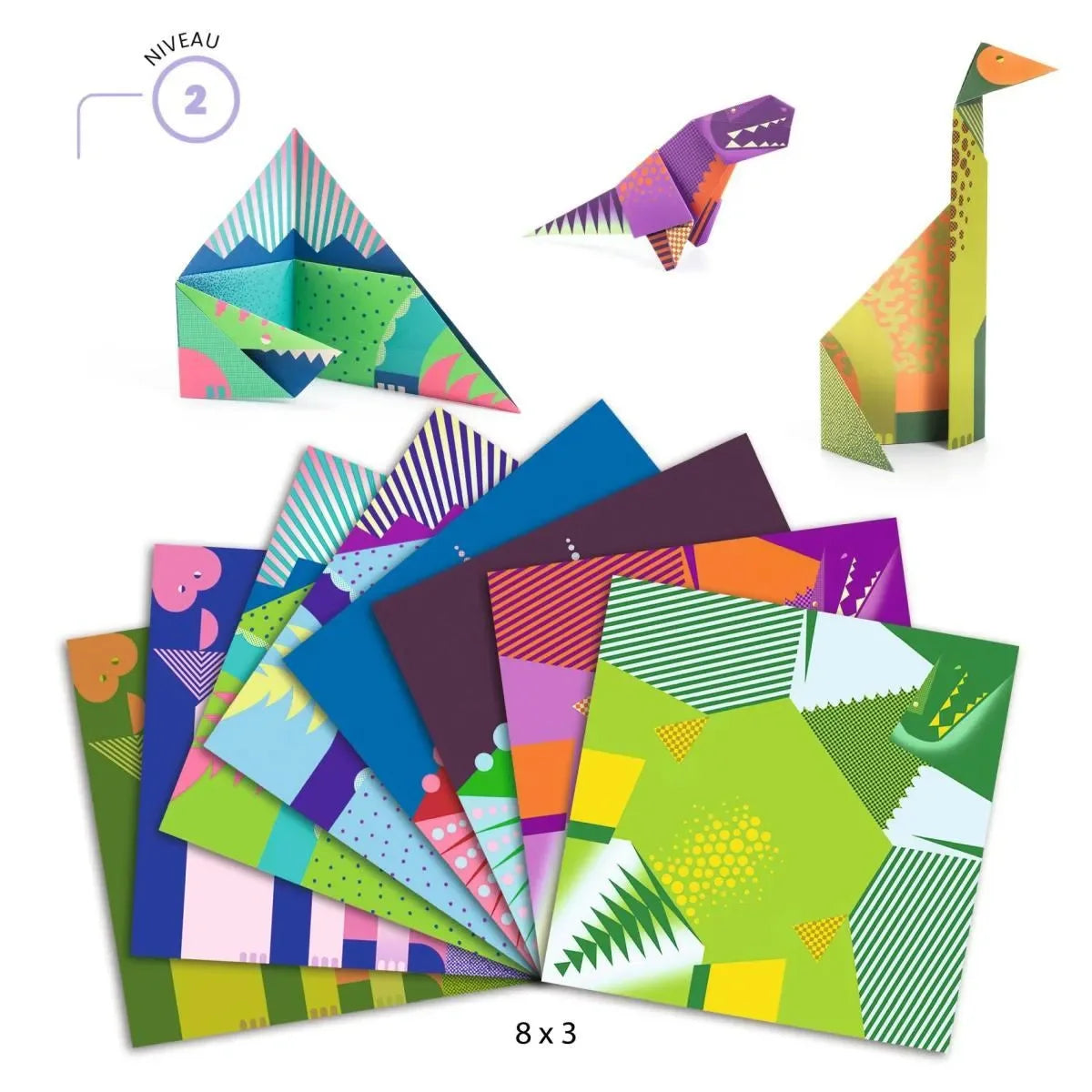 Buntes Origami-Set für Kinder mit Dinosaurier-Motiven und gefalteten Papier-Dinosauriern