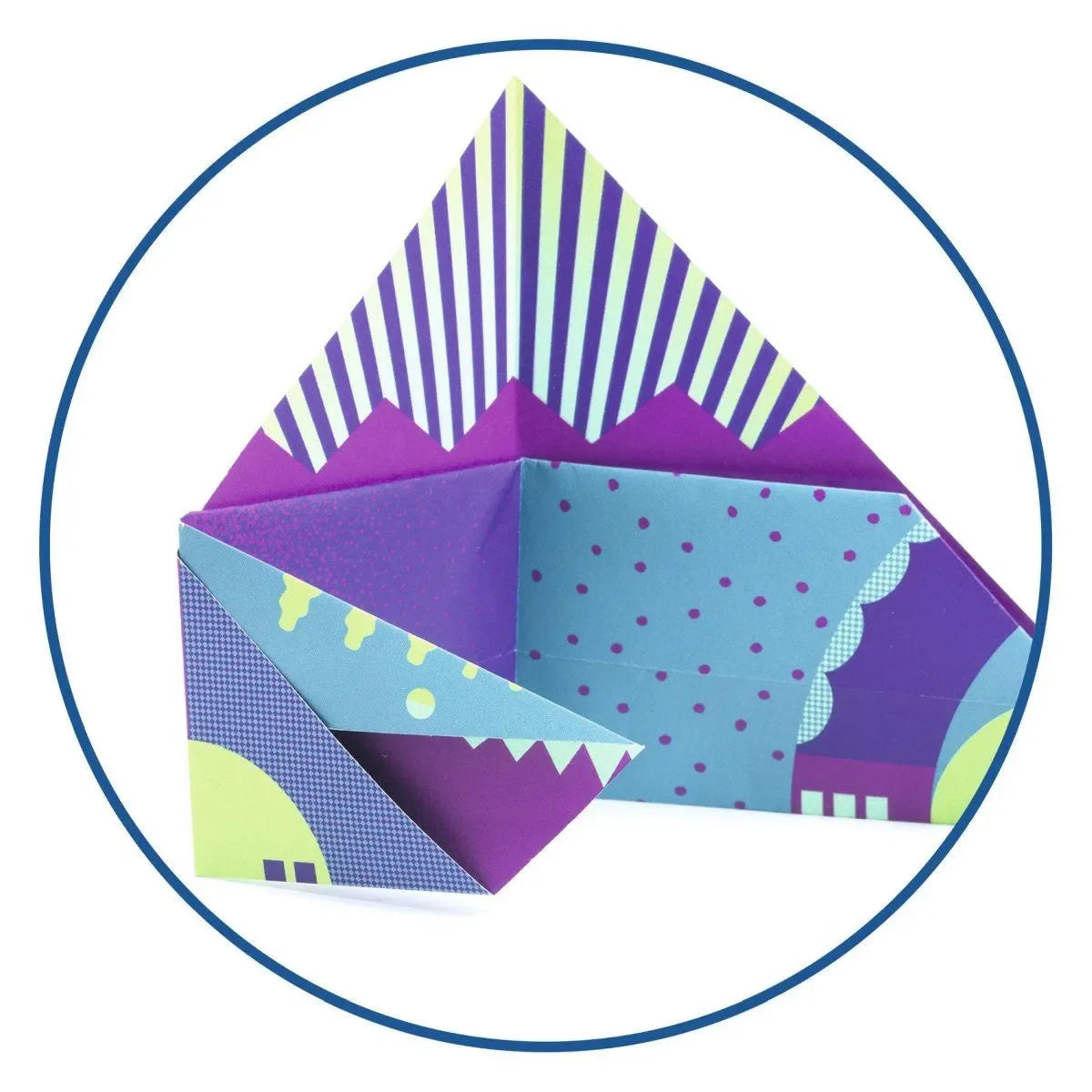 Buntes Origami Dinosaurier aus Papier, lila und blau gemustert, Kinder Bastelset