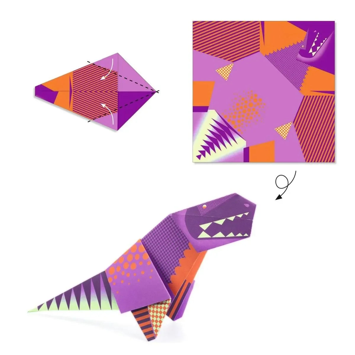 Buntes Origami-Dinosaurier aus Papier für Kinder, Bastelset mit lila, orange und grünen Mustern