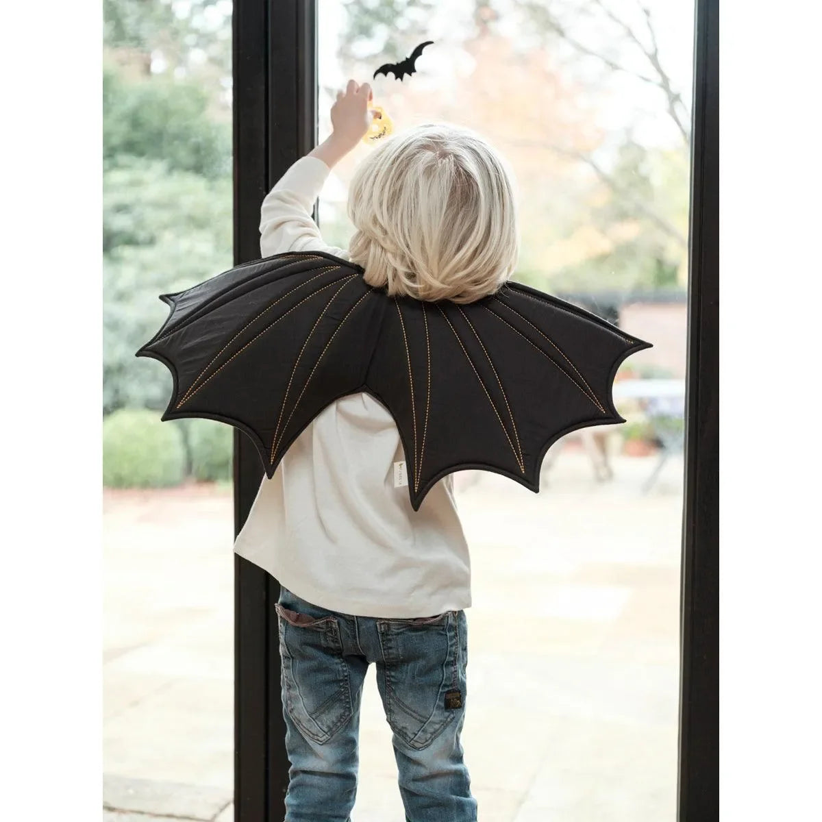 Kind mit Fledermausflügel-Kostüm, steht am Fenster, hält kleine Fledermaus hoch
