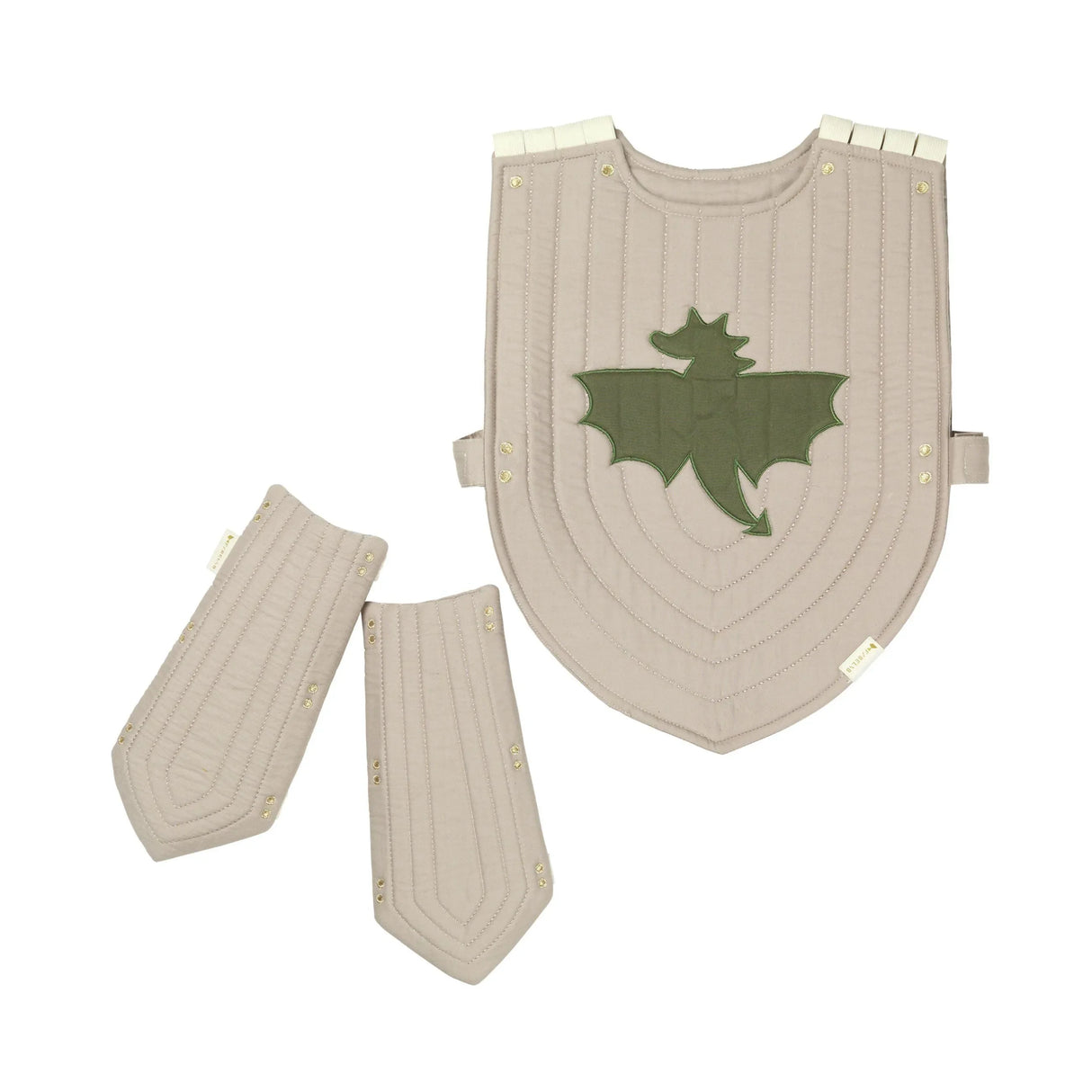 Kinderkostüm Ritterrüstung aus Stoff mit grünem Drachenmotiv, bestehend aus Brustpanzer und Armteilen