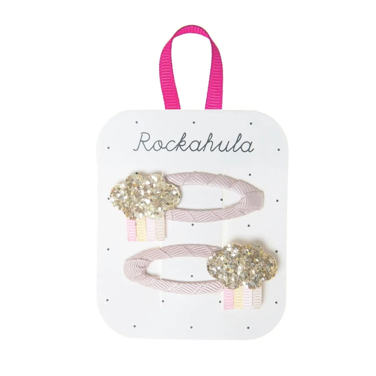 Zwei glitzernde Kinder Haarspangen mit Regenwolken Motiv auf weißer Karte mit pinker Schlaufe.