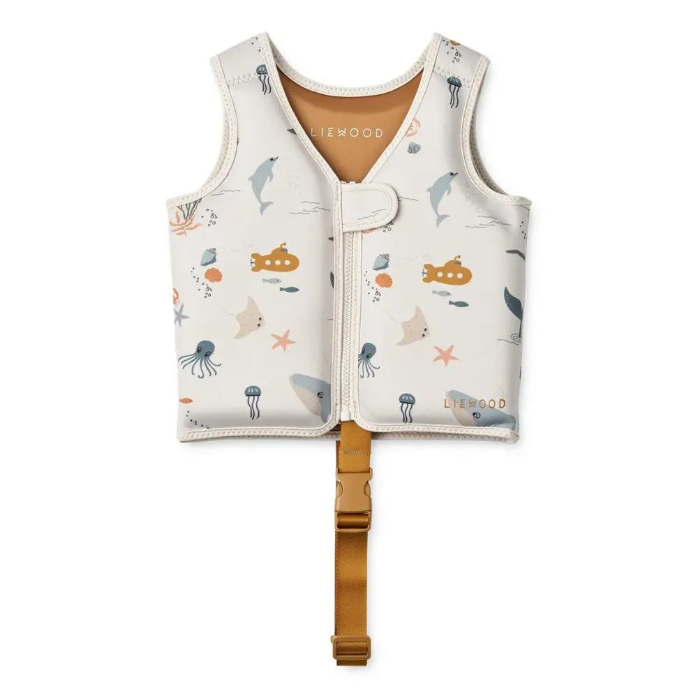Kinder Schwimmweste mit Meeresmotiven in Beige, vorne Gurt, bunter Unterwasserprint