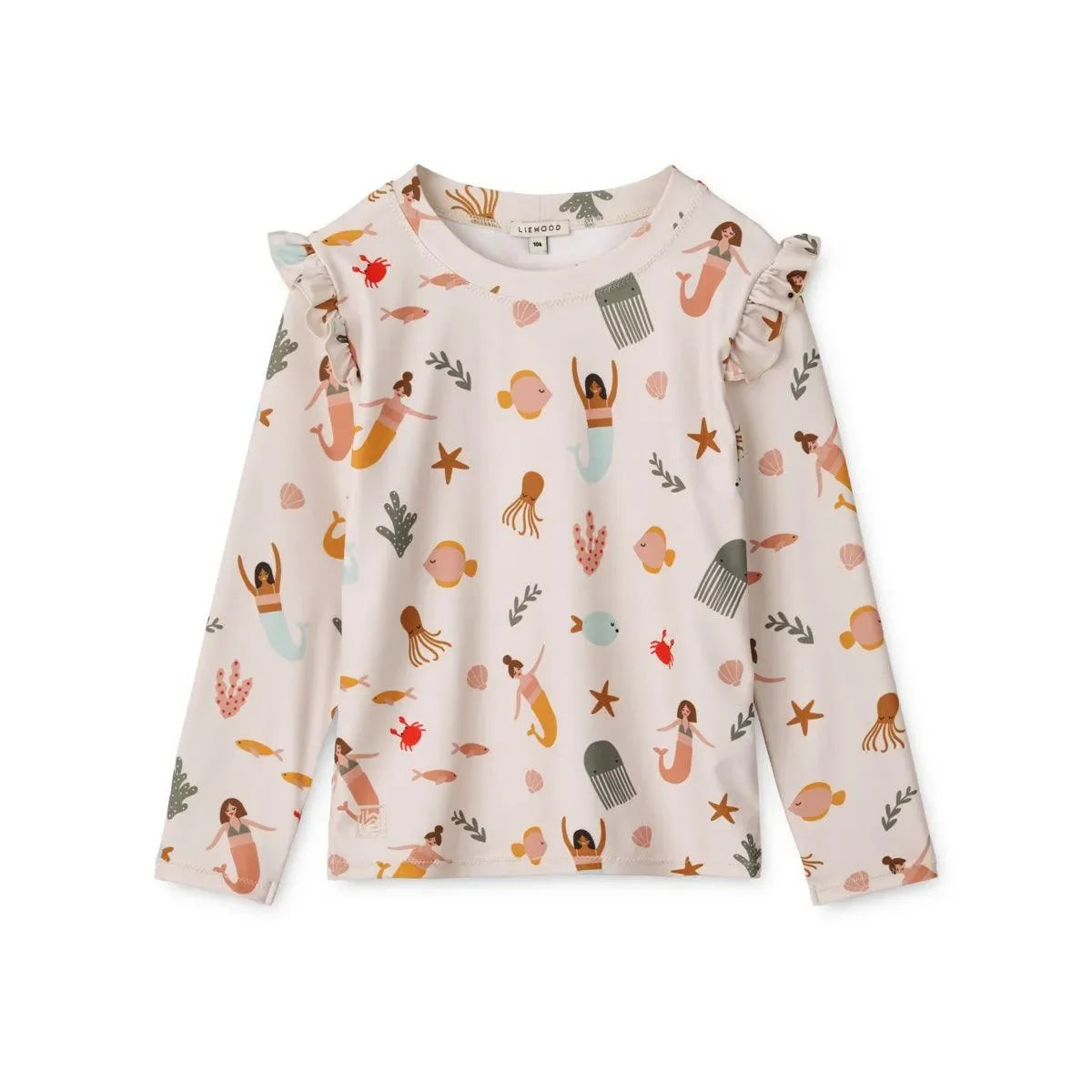 Langärmliges Kinder-Schwimmshirt mit Meerjungfrauen und Meeresmotiv auf sandfarbenem Grund