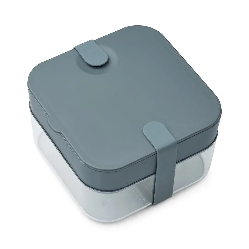 Quadratische Bento Box in Blau mit Clipverschluss, transparentes Unterteil, kinderfreundlich
