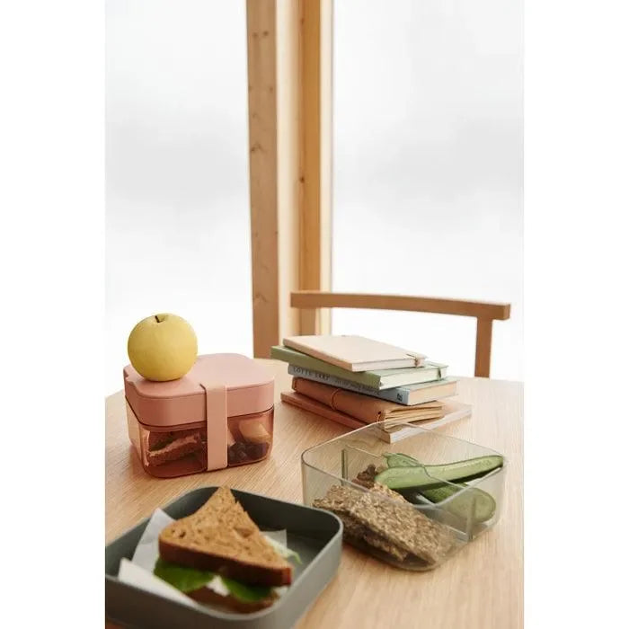 Bento-Box für Kinder mit Apfel, Sandwich und Crackern auf einem Holztisch neben Büchern.
