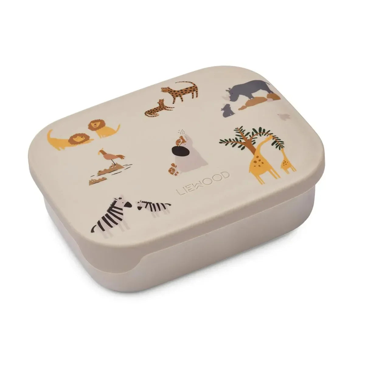 Beige Brotdose für Kinder mit Tiermotiven wie Giraffe, Zebra und Löwe auf dem Deckel