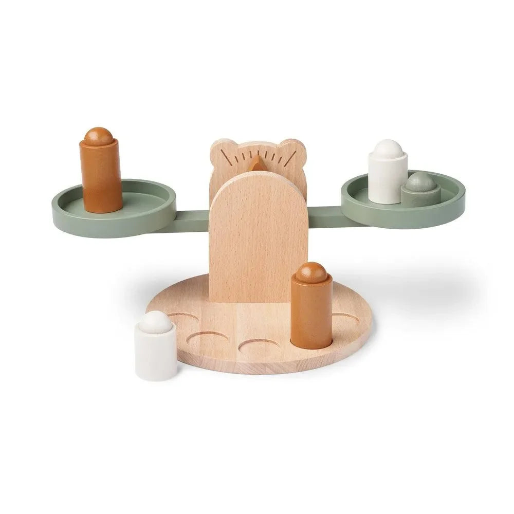 Holzspielzeug Waage in Grün und Natur, Lernspiel für Kinder, Balancespielzeug