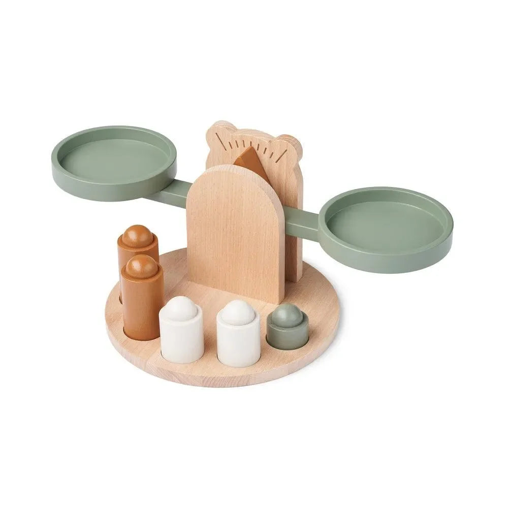 Holz Spielwaage für Kinder in Grün und Natur mit passenden Gewichten, Montessori Spielzeug
