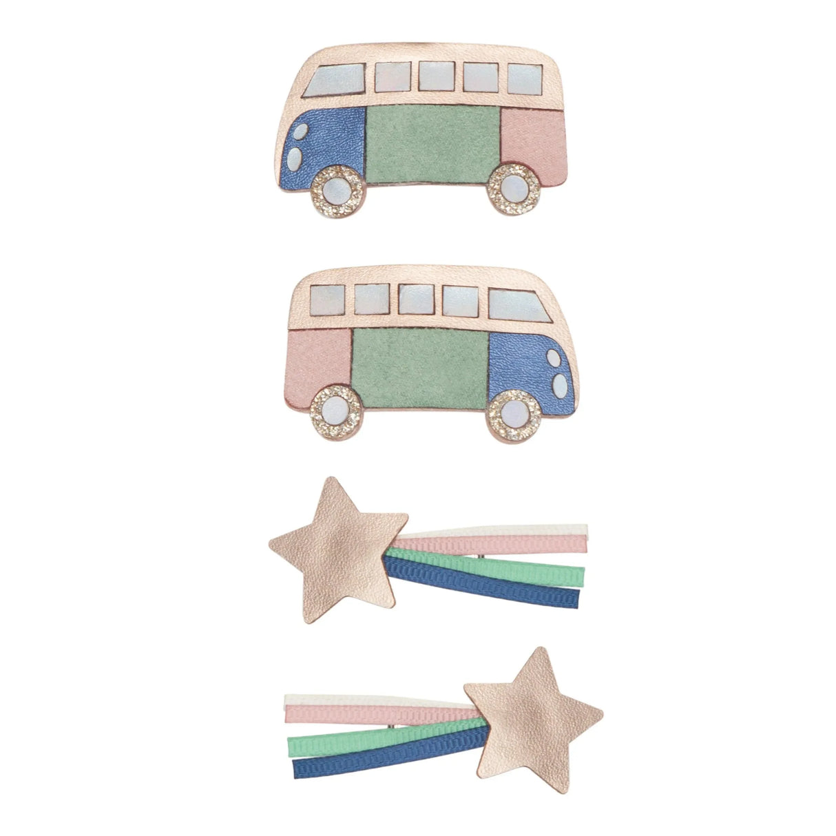 Set aus vier Haarspangen für Kinder, zwei als bunte Campervan, zwei mit Stern und Bändern.
