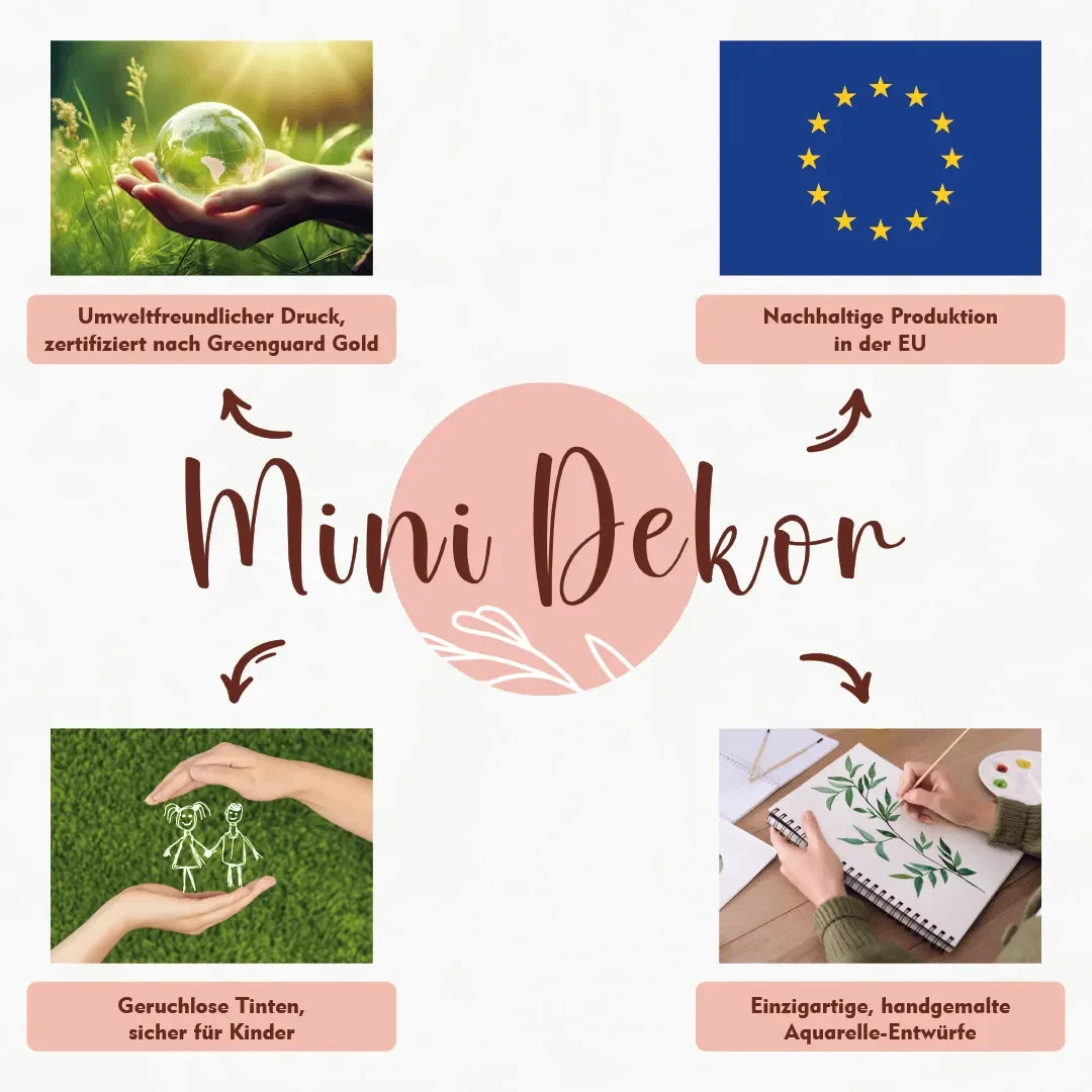 Mini Dekor Banner mit nachhaltiger EU-Produktion, umweltfreundlichem Druck, kindersicheren Tinten und handgemalten Aquarell-Designs