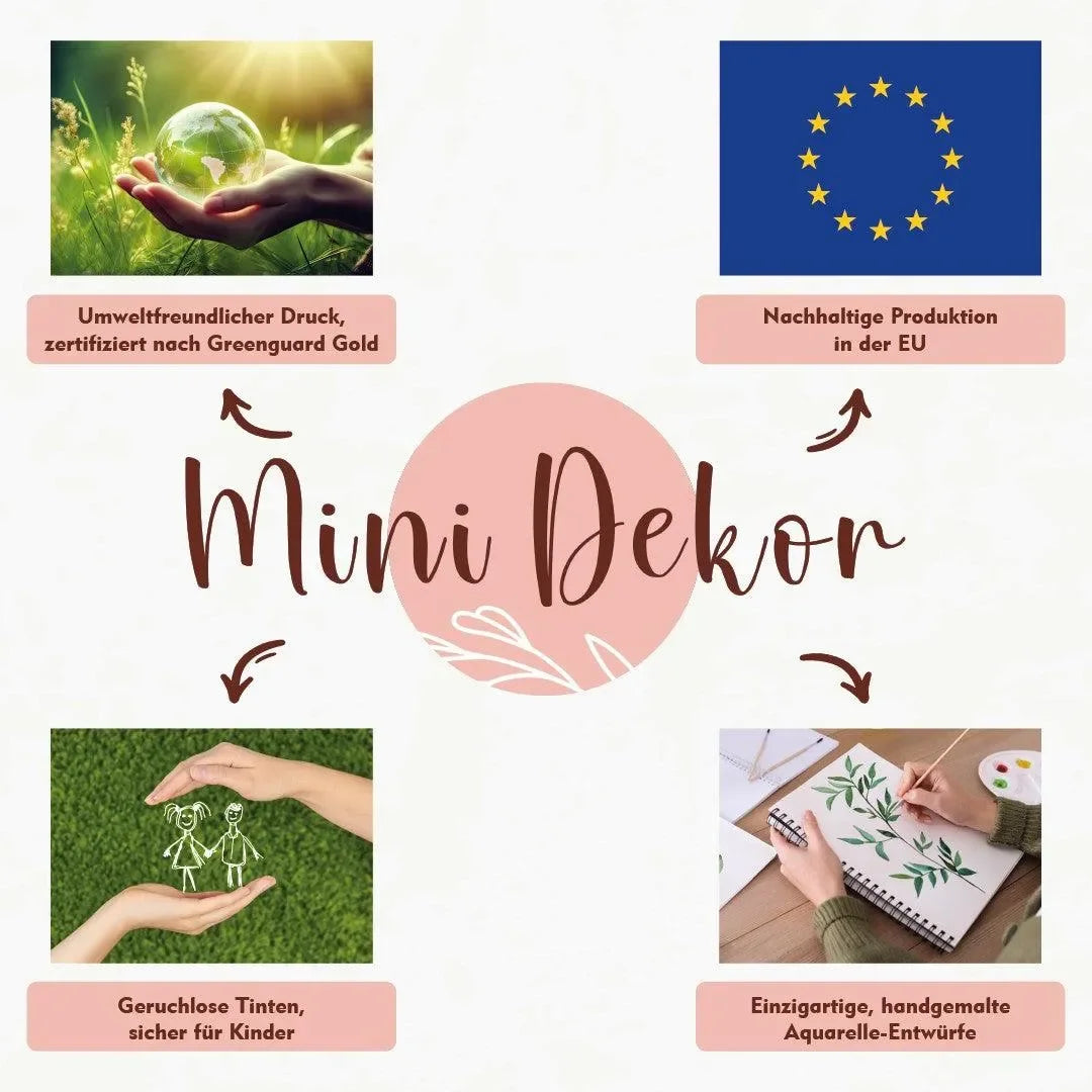 Mini Dekor Banner mit Umweltfreundlichkeit, nachhaltiger EU-Produktion, kinderfreundlichen Tinten und handgemalten Aquarell-Designs.