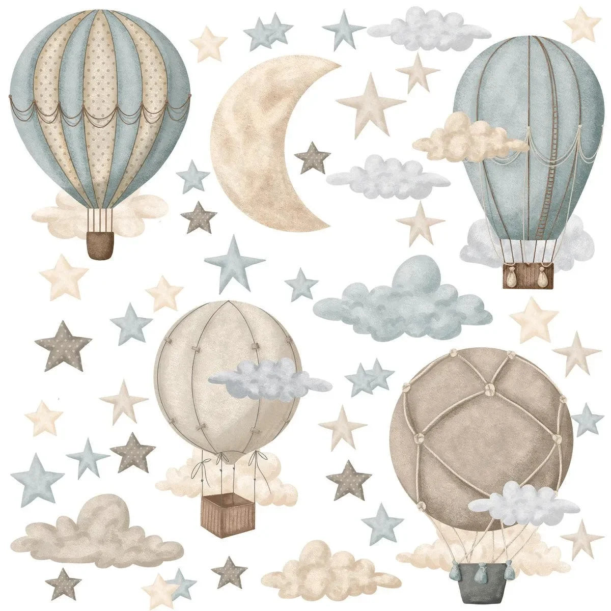 Wandtattoo Kinderzimmer mit Heißluftballon, Mond, Sternen und Wolken in Pastellfarben