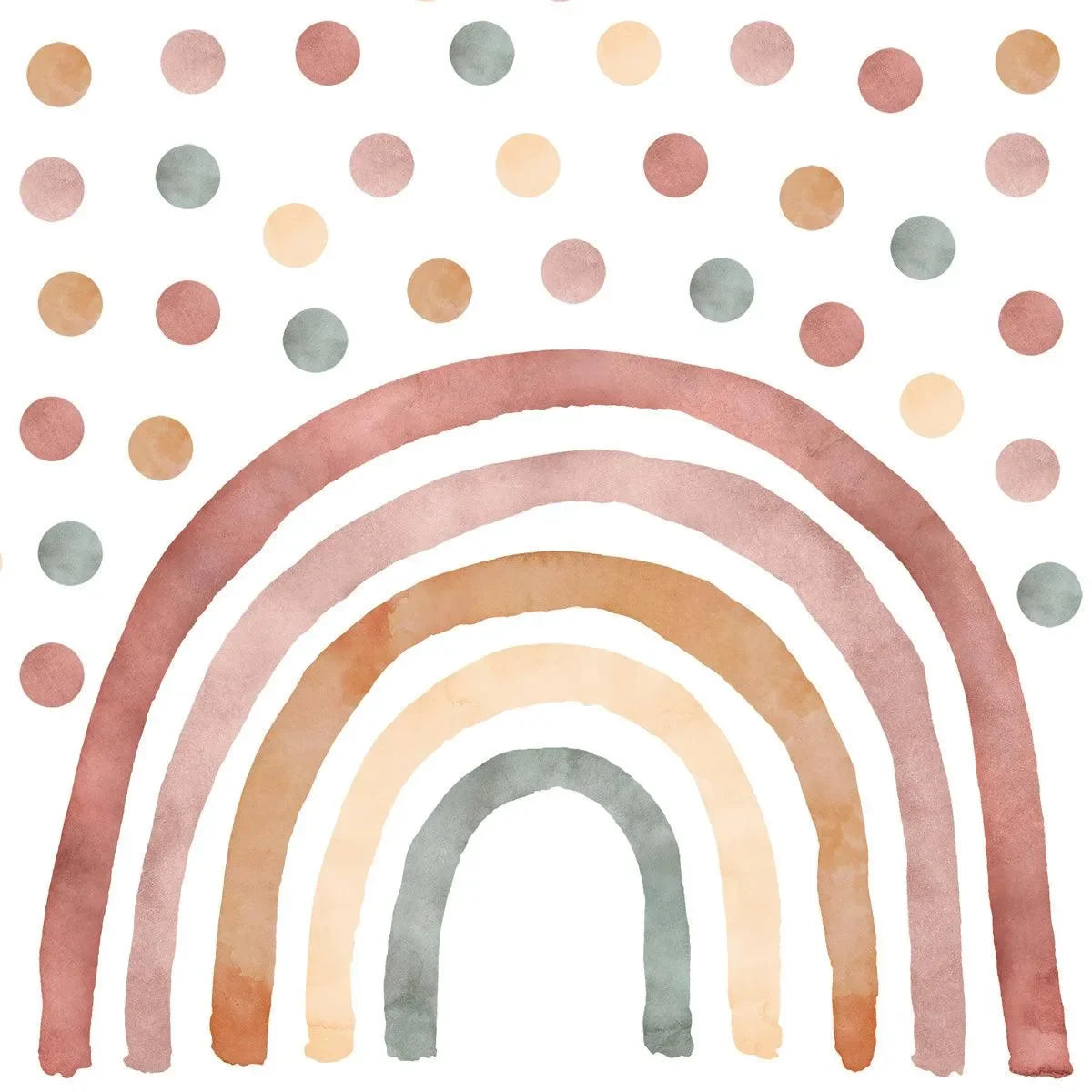 Wandtattoo Kinderzimmer mit Regenbogen und Punkten in Braun, Beige und Grün, Boho-Dekor