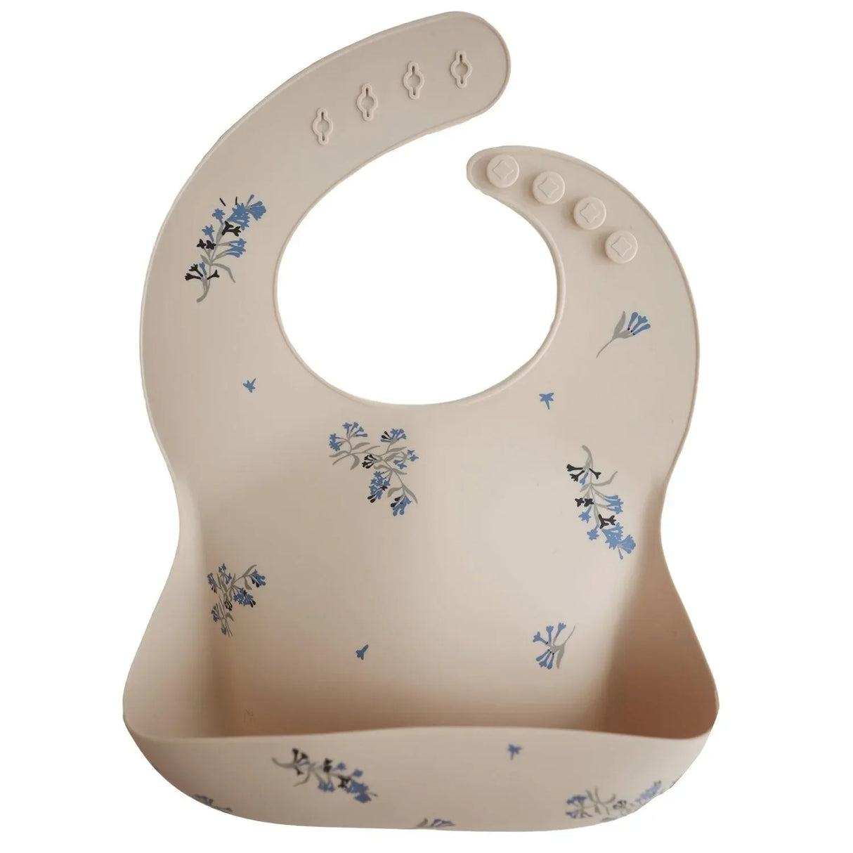 Silikon Lätzchen in Beige mit blauen Blumen, verstellbar, für Babys und Kleinkinder