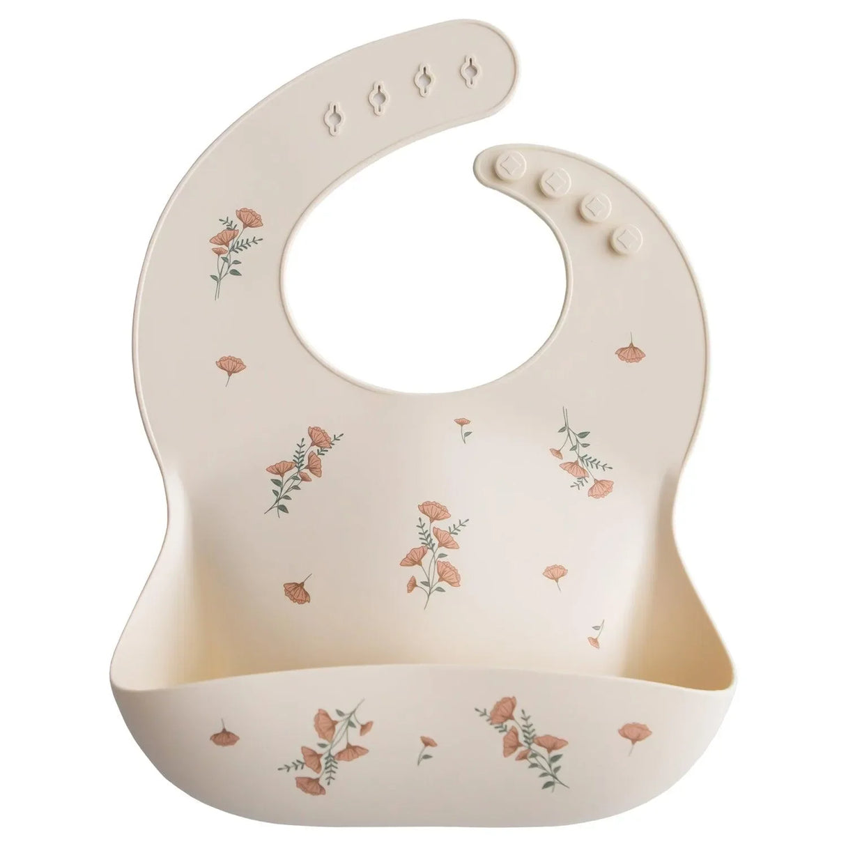 Silikon Lätzchen für Babys, cremefarben mit rosa Blumenmuster und Auffangtasche