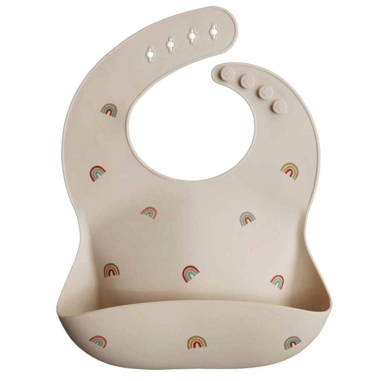 Beiges Silikon-Lätzchen mit buntem Regenbogen-Motiv und Auffangtasche für Babys
