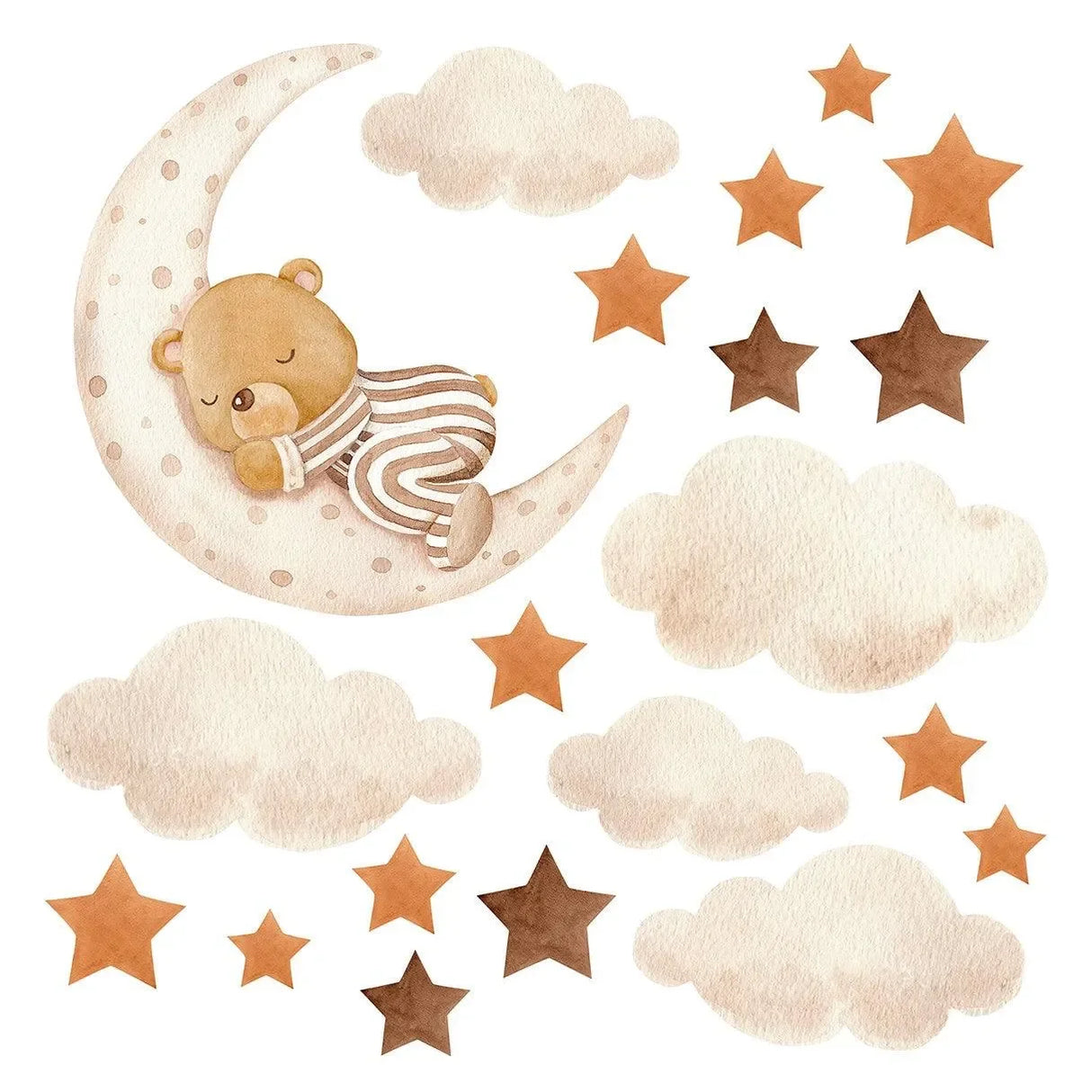 Wandtattoo Kinderzimmer mit schlafendem Bär auf Mond, Wolken und Sternen Aquarell