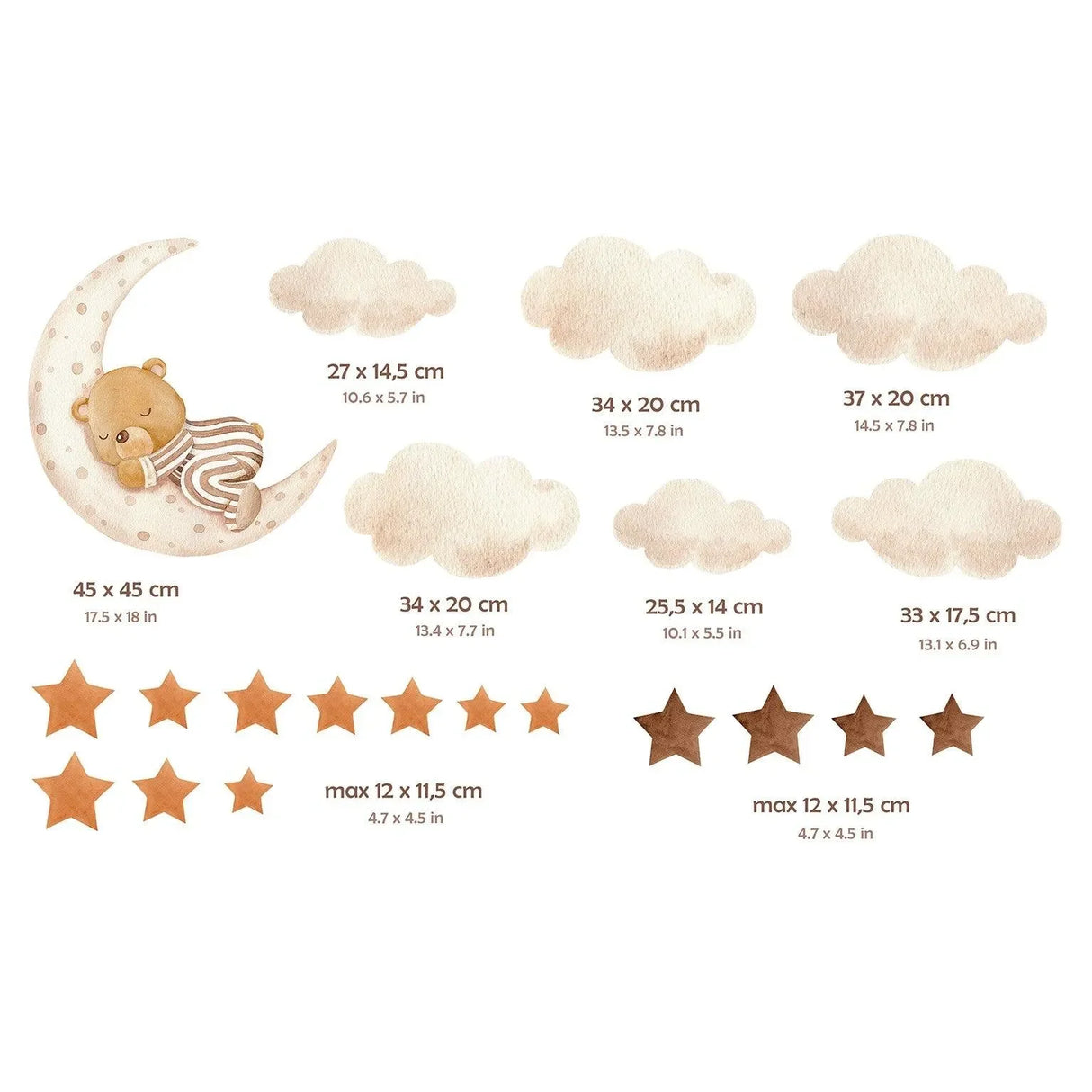 Wandtattoo Kinderzimmer mit schlafendem Bär auf Mond, Wolken und Sternen in sanften Farben