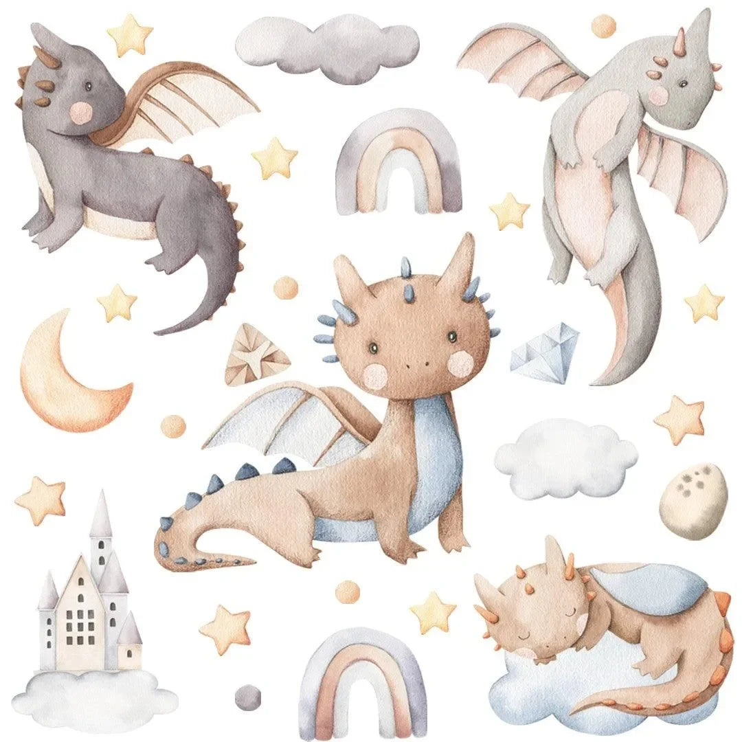Niedliche Wandtattoo Drachen, Wolken, Sterne und Regenbögen für Kinderzimmer Dekoration
