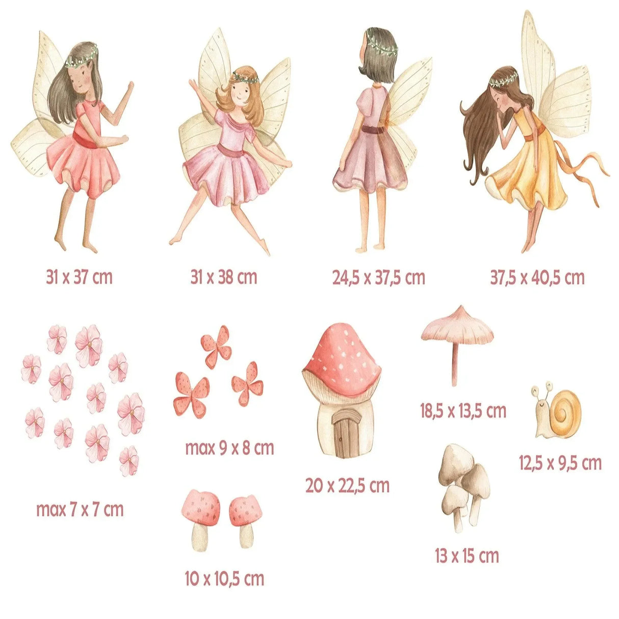 Wandtattoo Kinderzimmer mit Feen, Blumen, Pilzen und Schnecke in sanften Pastellfarben