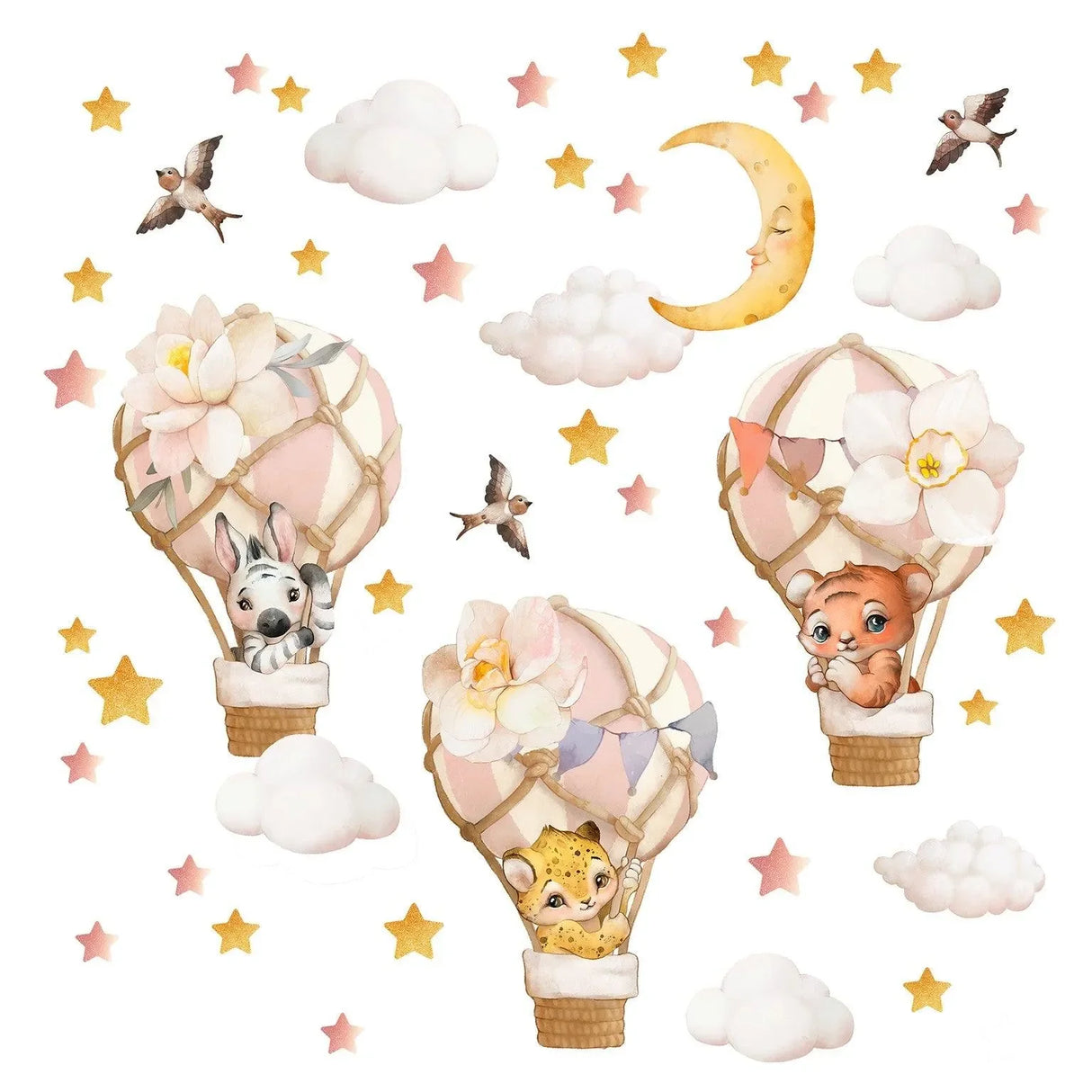 Wandtattoo Kinderzimmer mit Heißluftballons, Tieren, Blumen, Mond, Sterne und Wolken