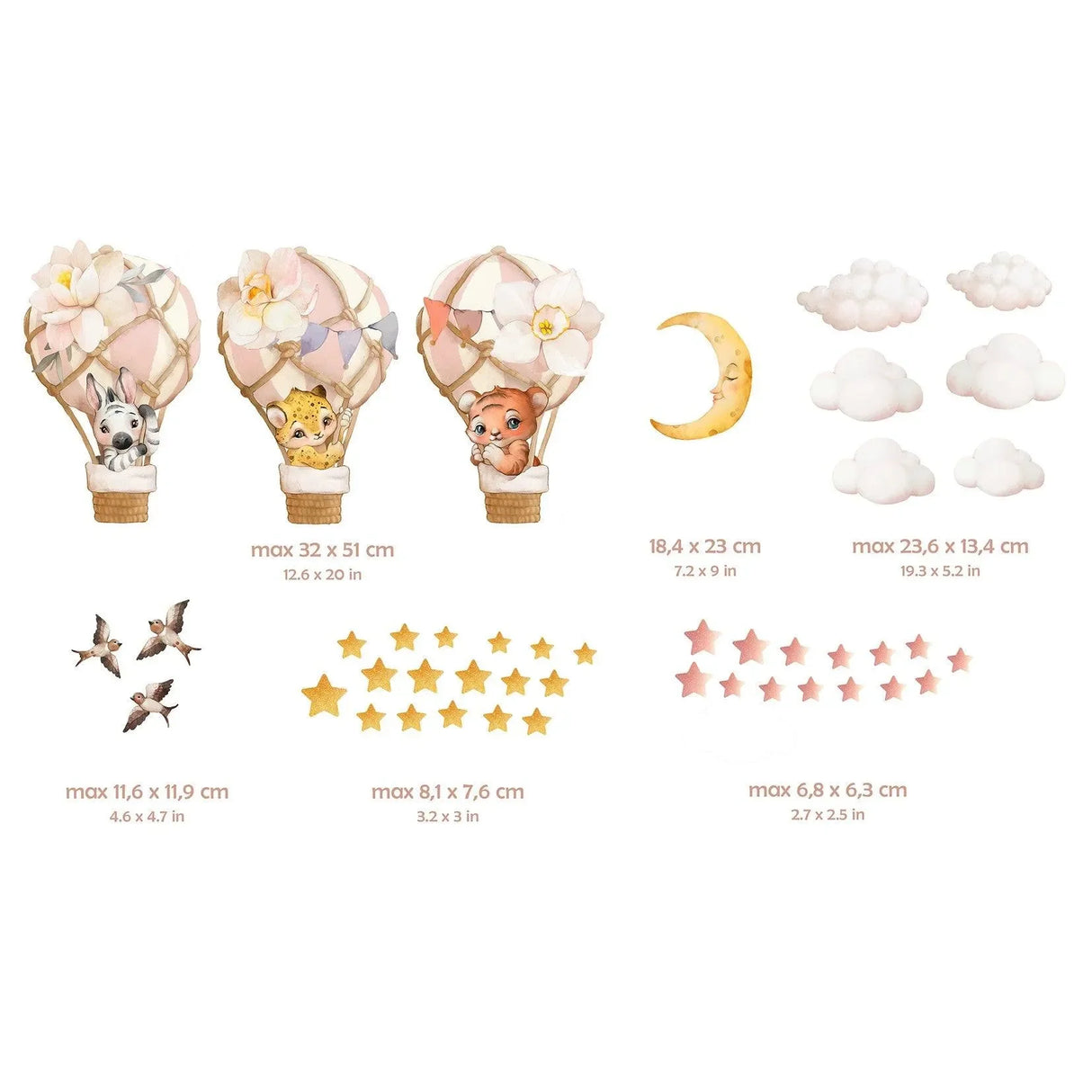 Wandtattoo Kinderzimmer mit Heißluftballons, Tieren, Wolken, Sternen und Mond, Pastellfarben
