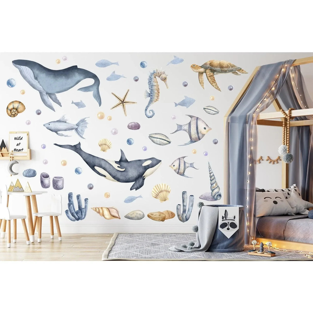 Wandtattoo Meerestiere im Kinderzimmer mit Wal, Schildkröte, Fischen und Muscheln Dekoration