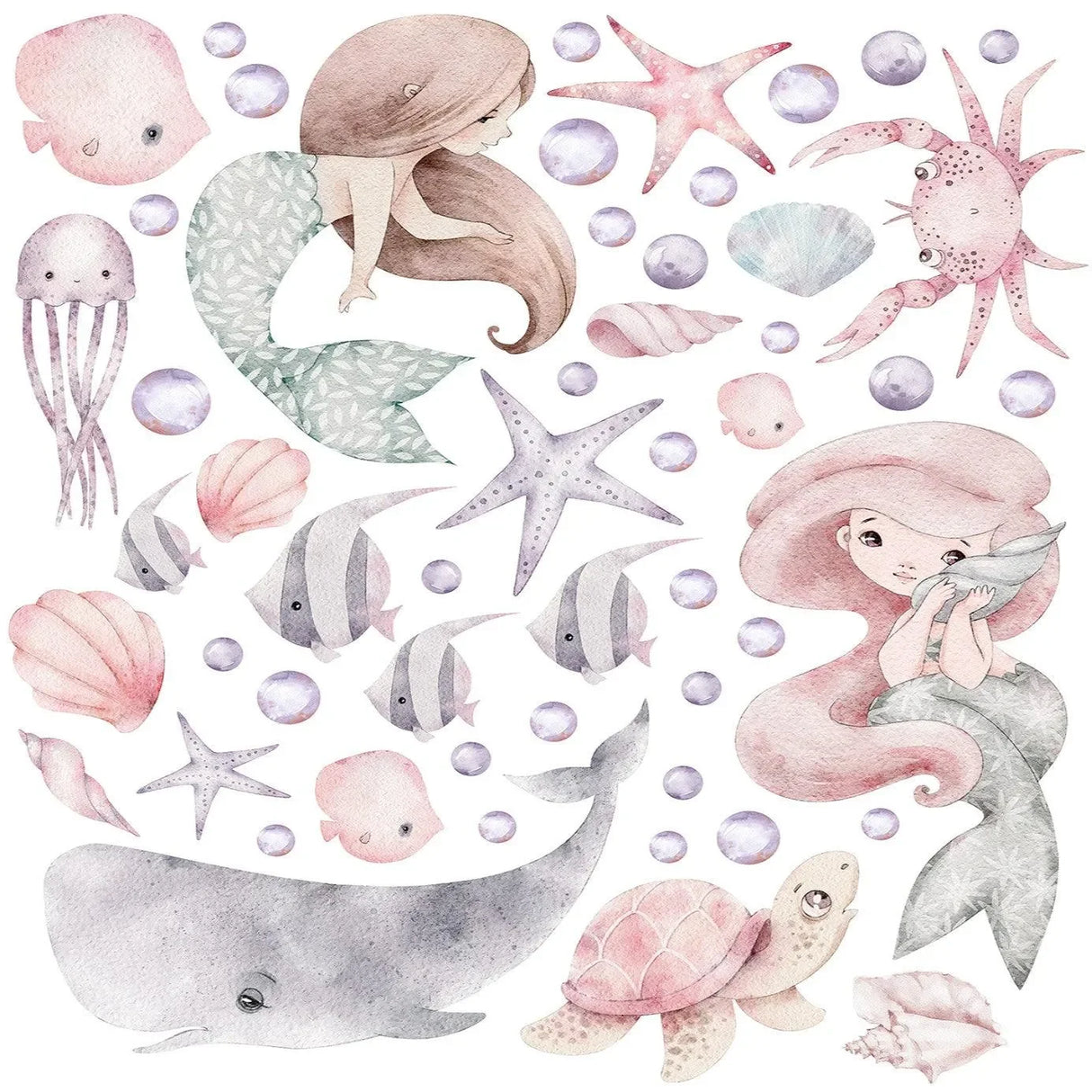 Wandtattoo Meerjungfrauen Kinderzimmer mit Fischen, Wal, Schildkröte, Muscheln und Seestern