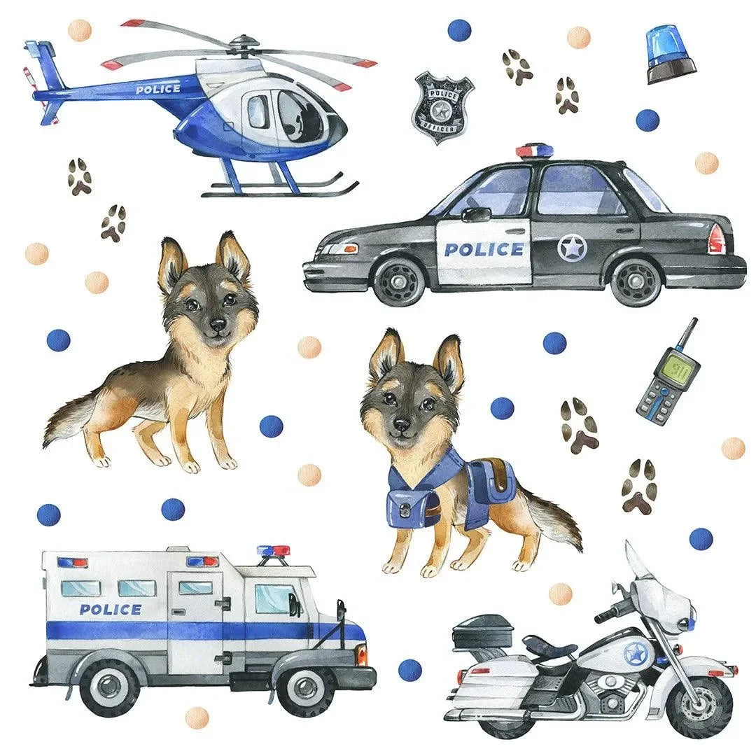Wandtattoo Polizei Kinderzimmer mit Polizeiauto, Hubschrauber, Hund, Motorrad und Funkwagen