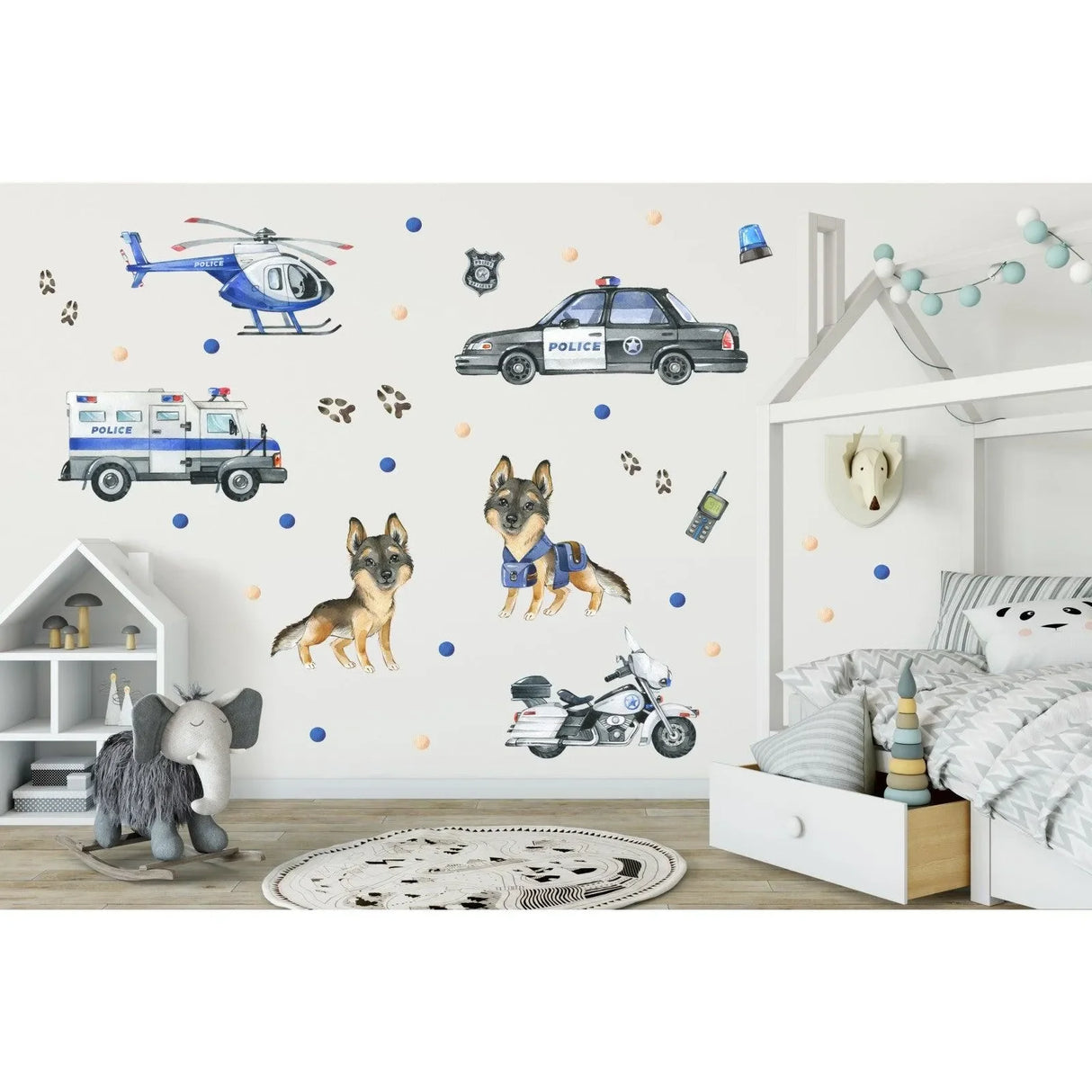 Wandtattoo Polizei mit Hunden, Fahrzeugen und Helikopter im Kinderzimmer, moderne Deko