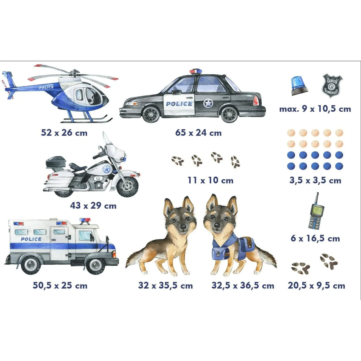 Wandtattoo Kinderzimmer Polizei mit Polizeiauto, Hubschrauber, Hunden, Motorrad und Abzeichen