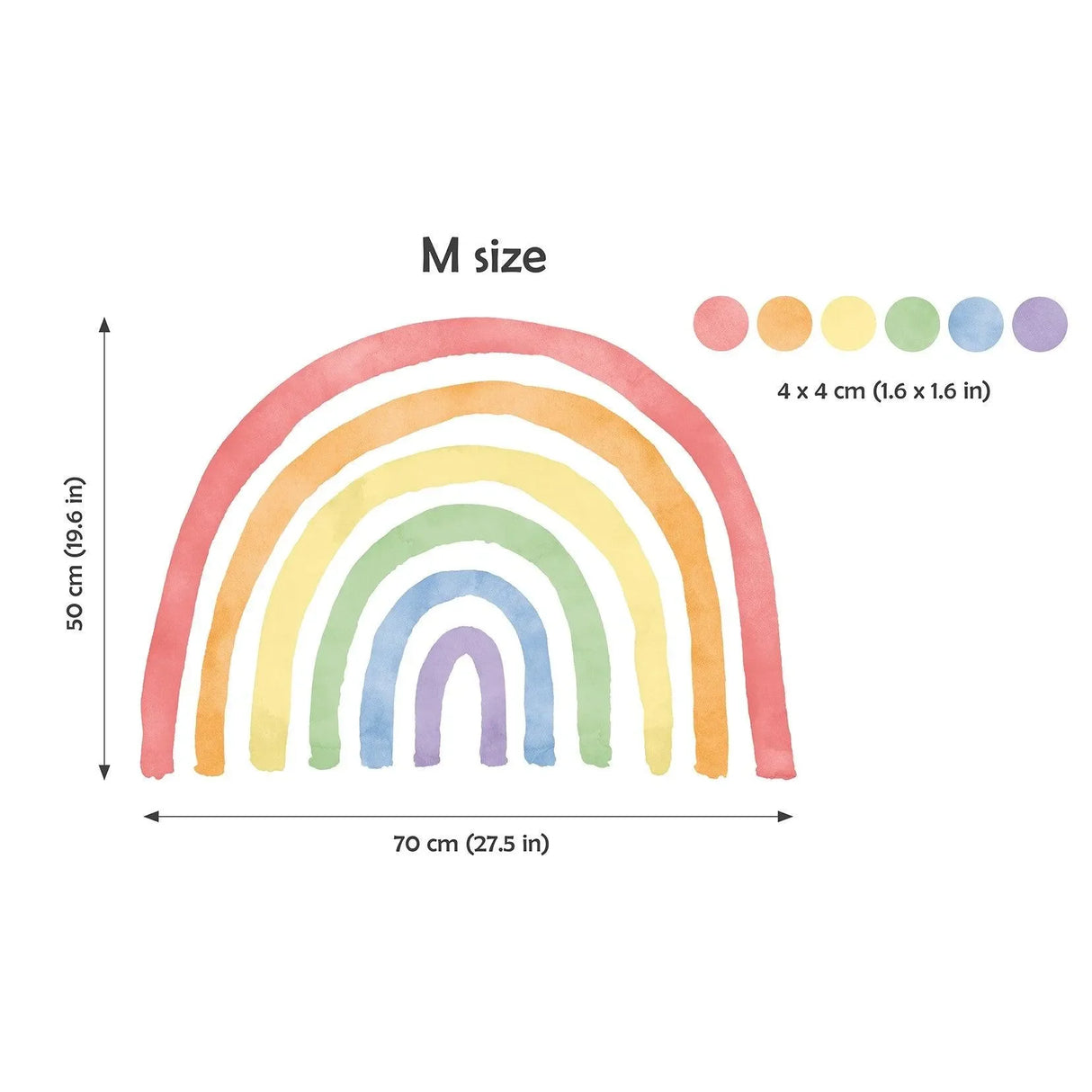 Wandtattoo Kinderzimmer mit buntem Regenbogen und Punkten, Maße 70x50 cm, dekorativ