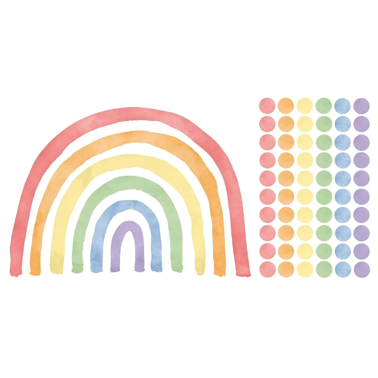 Wandtattoo Kinderzimmer mit buntem Regenbogen und Punkten im Aquarellstil