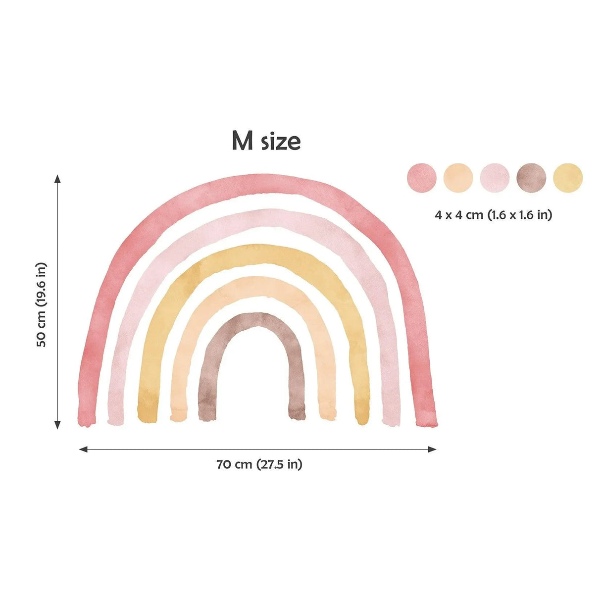 Wandtattoo Kinderzimmer Regenbogen mit Punkten in Rosa, Gelb und Beige, Maße 70x50 cm