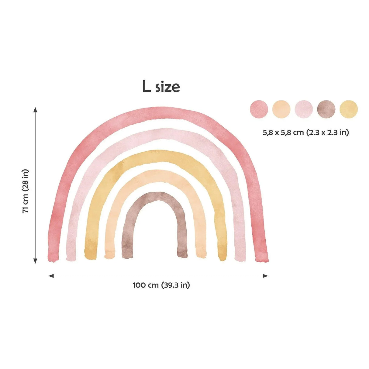 Wandtattoo Kinderzimmer Regenbogen in Rosa, Gelb und Braun mit Punkten, Maße 100x71 cm