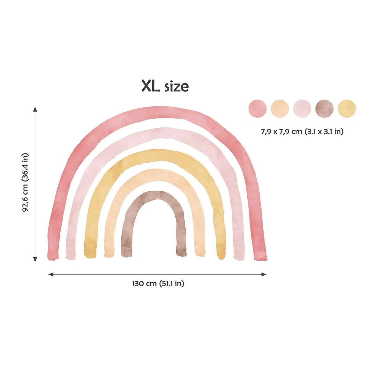 Wandtattoo Kinderzimmer Regenbogen XL in Rosa, Gelb und Braun mit Farbpunkten, Abmessungen sichtbar