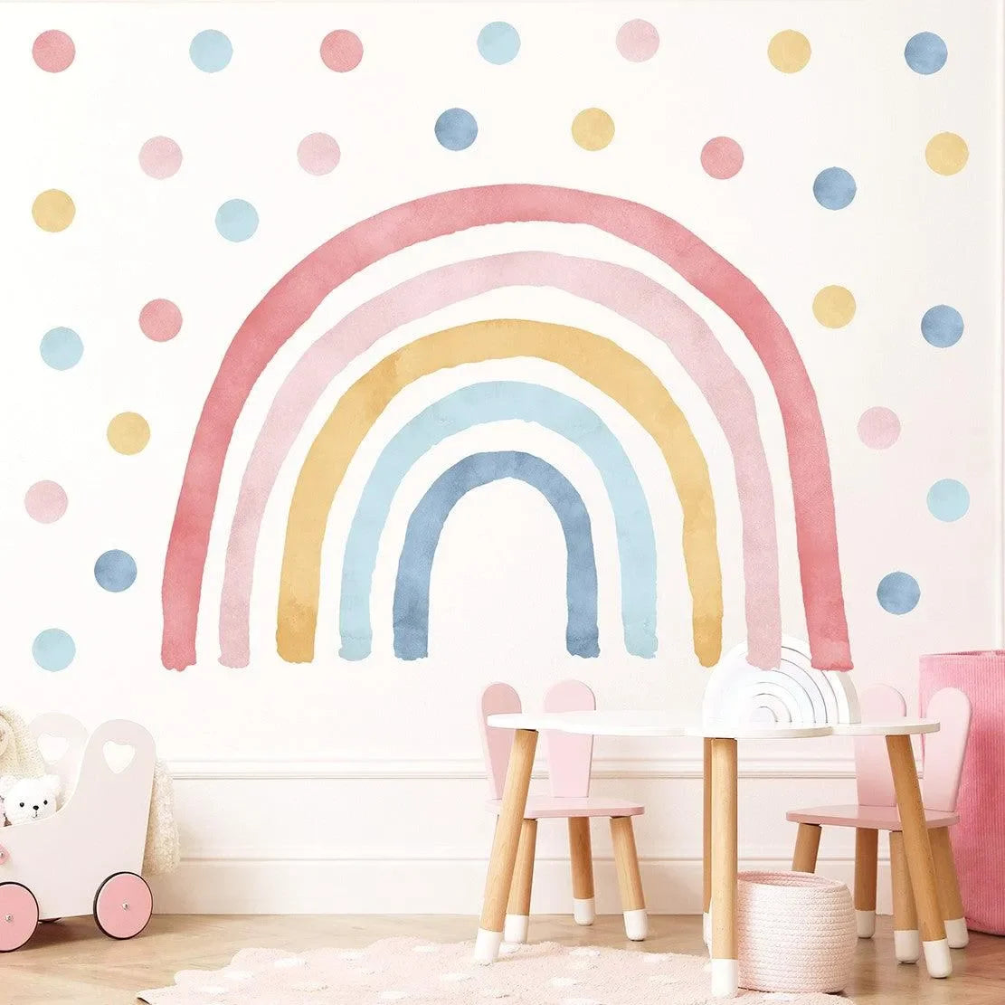 Wandtattoo Regenbogen mit bunten Punkten im Kinderzimmer, pastellfarben, Deko für Mädchen