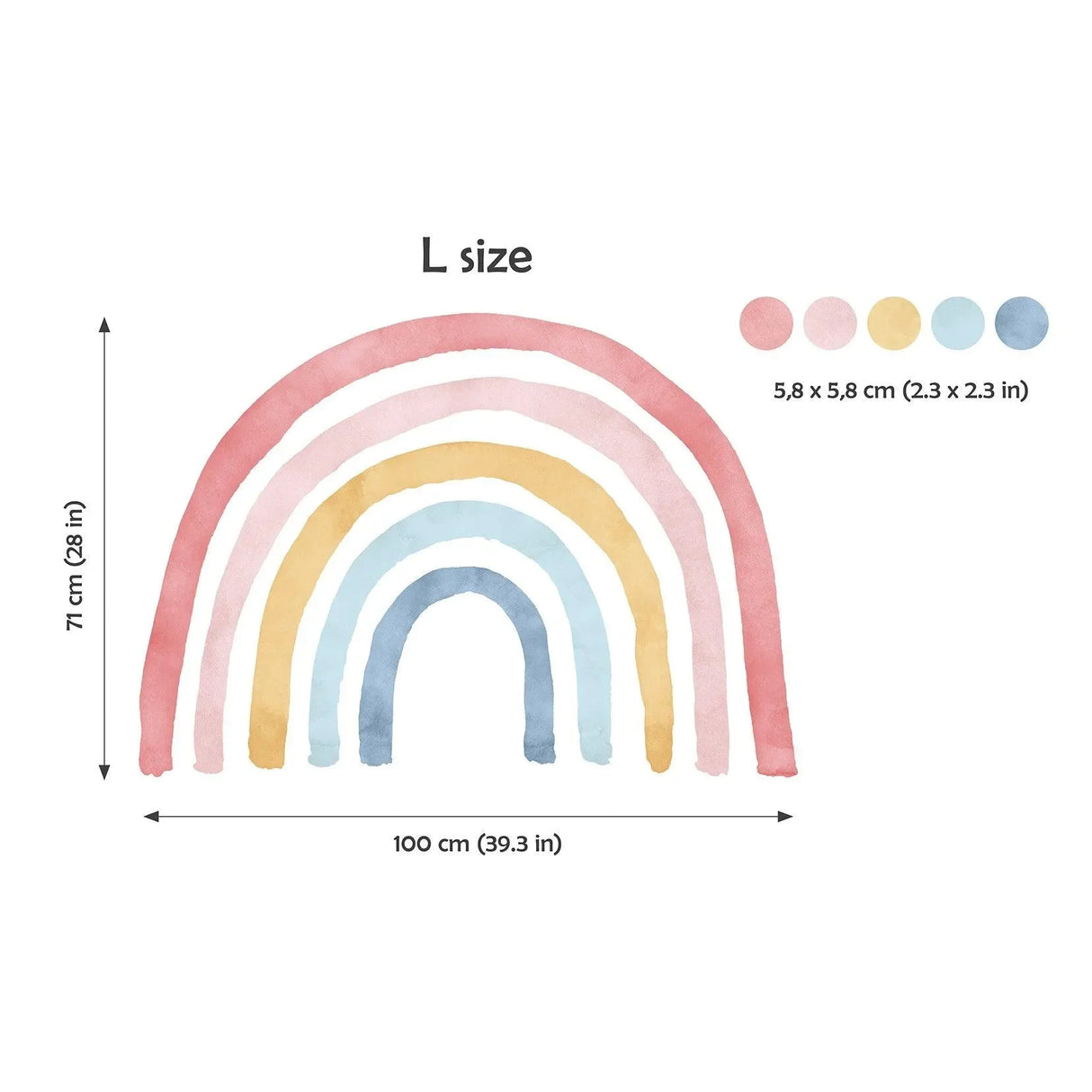 Wandtattoo Kinderzimmer Regenbogen mit bunten Punkten in Pink, Blau und Gelb, Maße 100x71 cm
