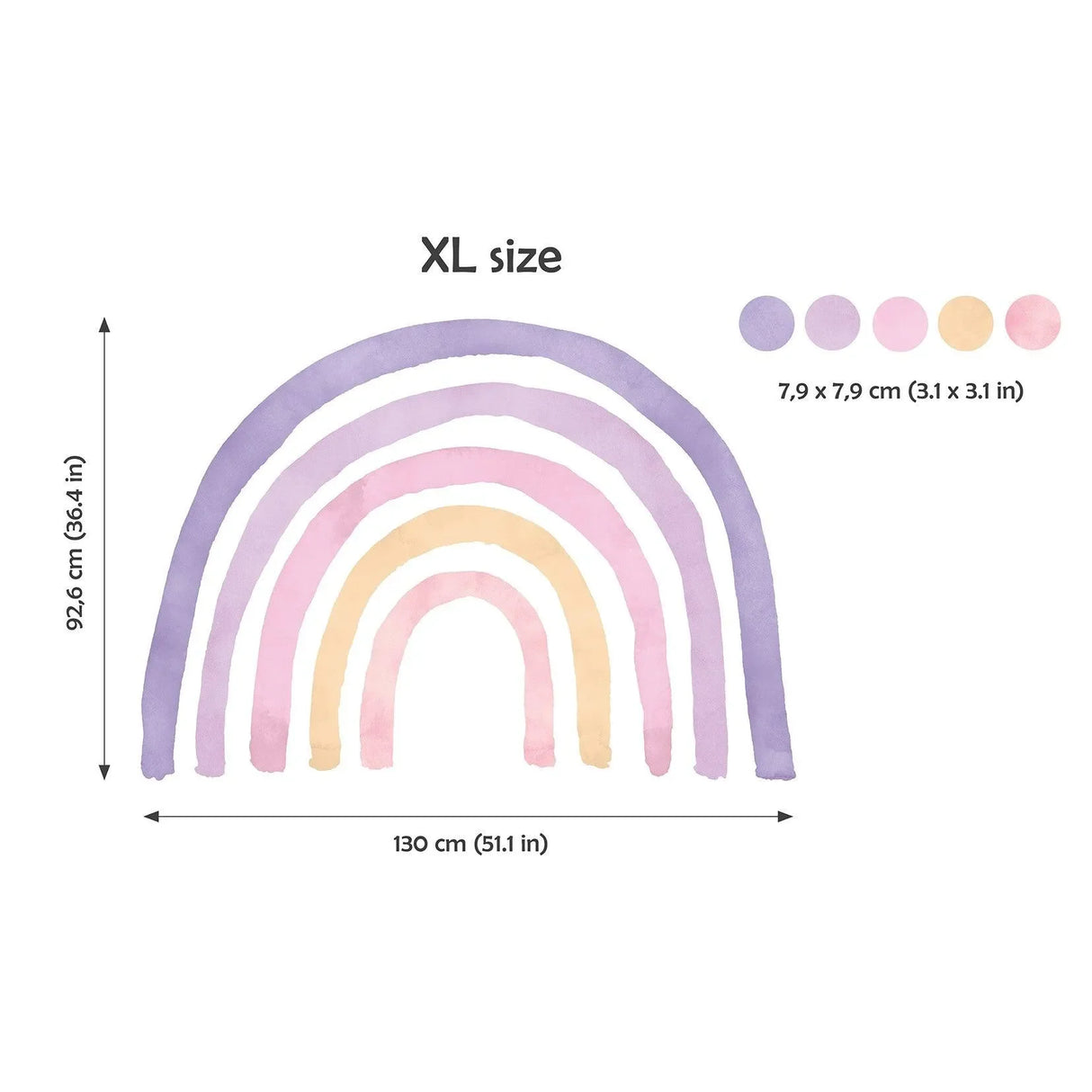 Wandtattoo Kinderzimmer XL Regenbogen in Pastellfarben mit Punkten und Größenangaben