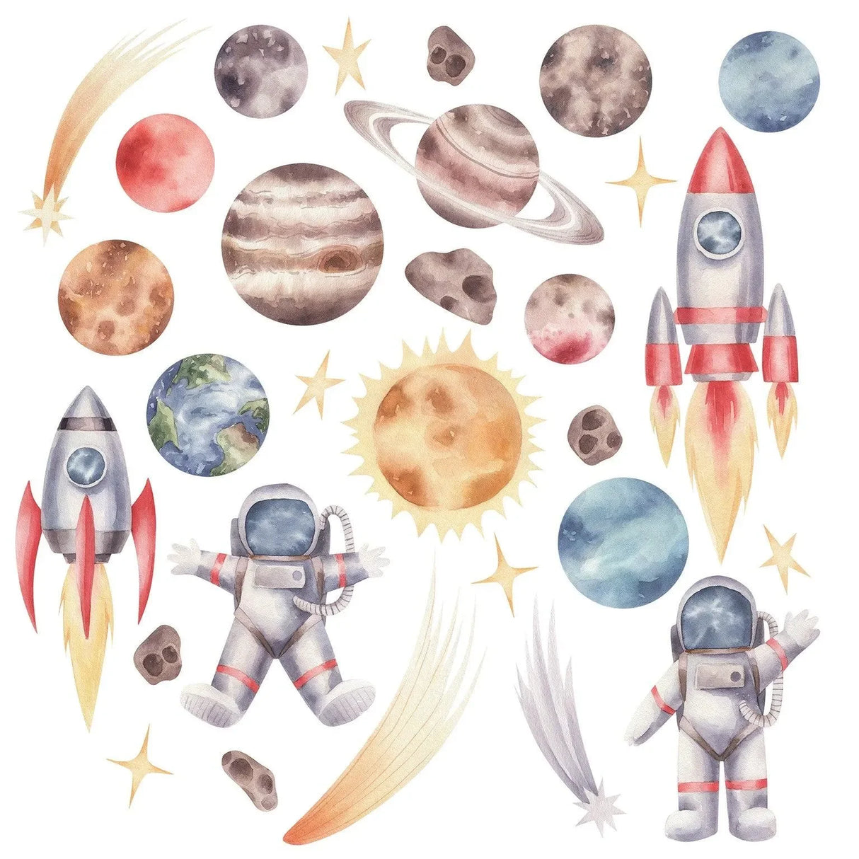 Wandtattoo Kinderzimmer mit Astronauten, Raketen, Planeten, Sternen und Sonne im Weltraum