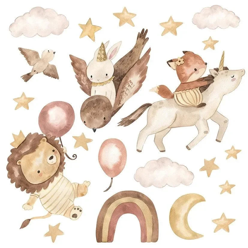 Wandtattoo Kinderzimmer mit Einhorn, Fuchs, Löwe, Hase, Ballons, Wolken, Sternen und Regenbogen