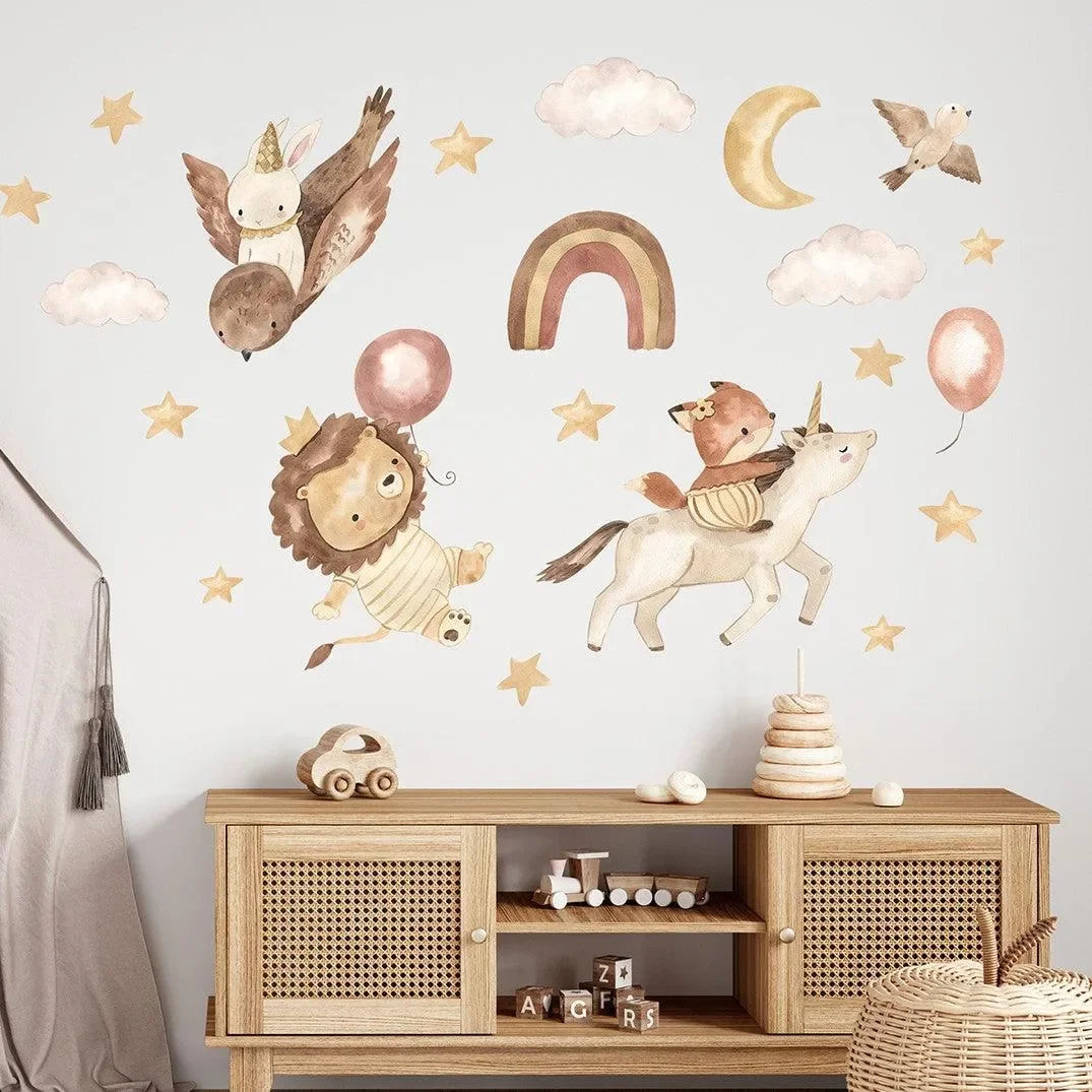 Wandtattoo Kinderzimmer mit Einhorn, Löwe, Fuchs, Regenbogen, Sternen und Wolken in Pastellfarben