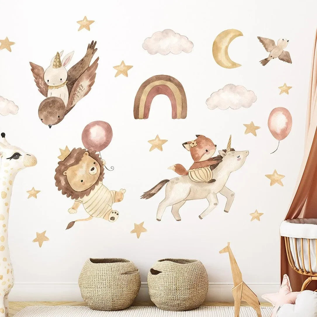 Wandtattoo Kinderzimmer mit Einhorn, Fuchs, Löwe, Sternen, Regenbogen und Wolken Deko