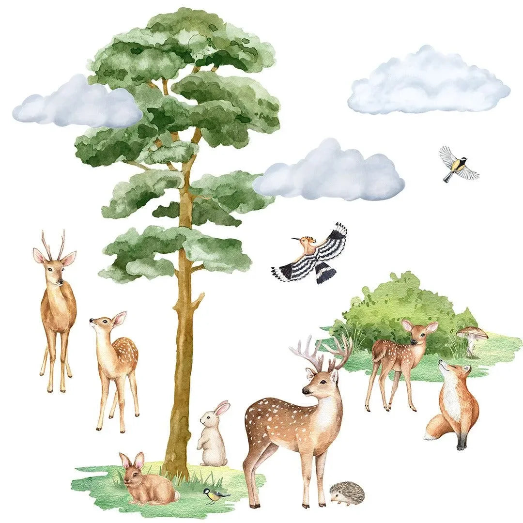 Wandtattoo Kinderzimmer mit Waldtiere, Baum, Rehe, Fuchs, Hase, Igel, Vögel und Wolken