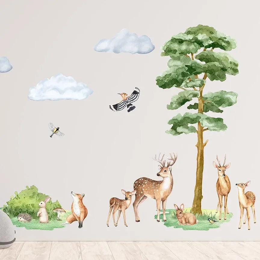 Wandtattoo Kinderzimmer mit Waldtieren, Rehen, Baum, Fuchs, Hase und Vögeln im Waldmotiv