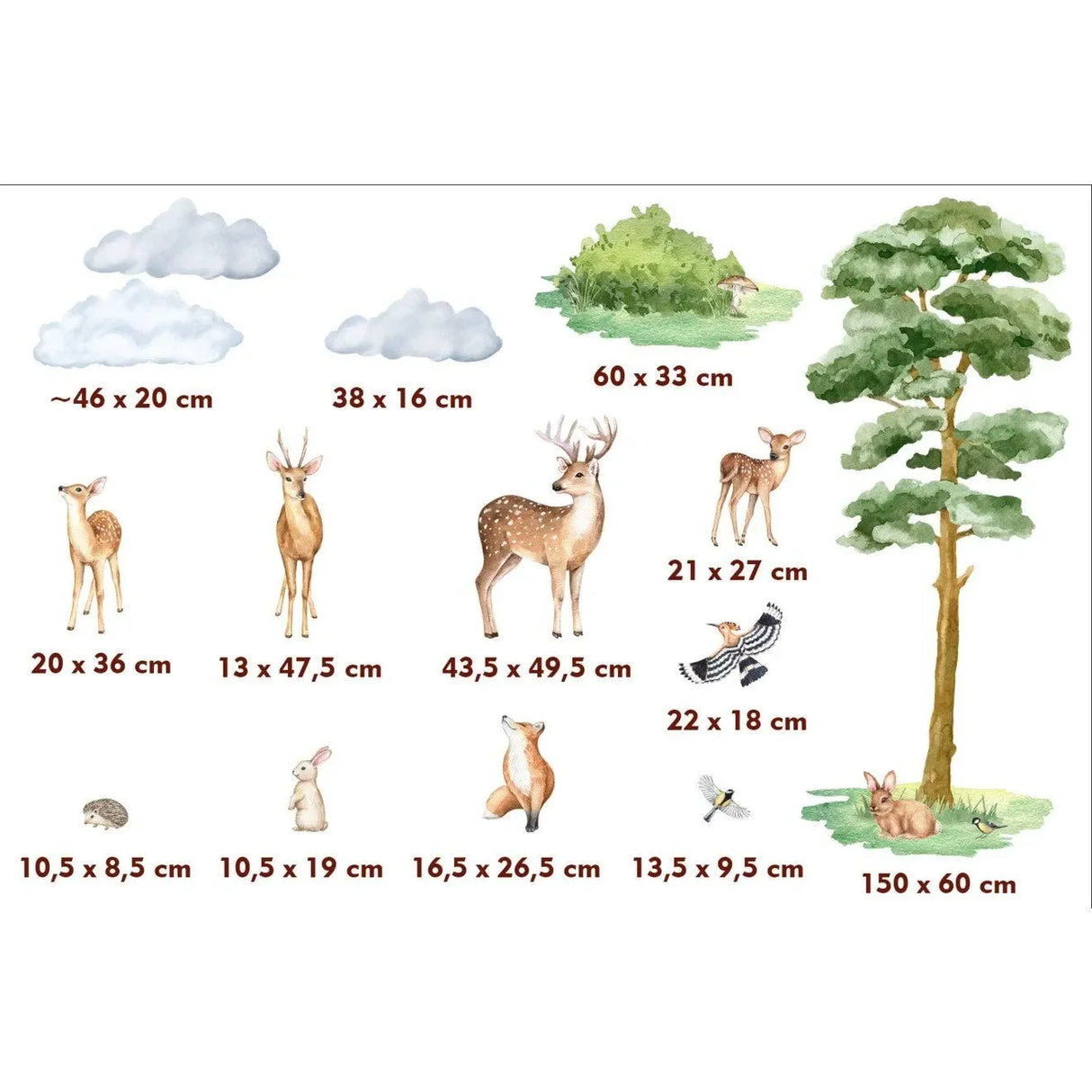 Wandtattoo Kinderzimmer mit Waldtieren, Reh, Fuchs, Hase, Baum, Wolken und Vögeln, Größenangaben