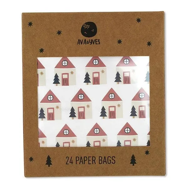 Set aus 24 Adventskalender-Tüten mit Haus- und Tannenbaum-Motiven, weihnachtlich bedruckt