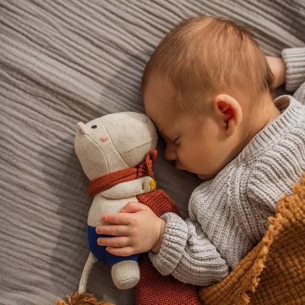 Baby schläft mit Nilpferd Kuscheltuch in Blau und Natur auf grauer Decke